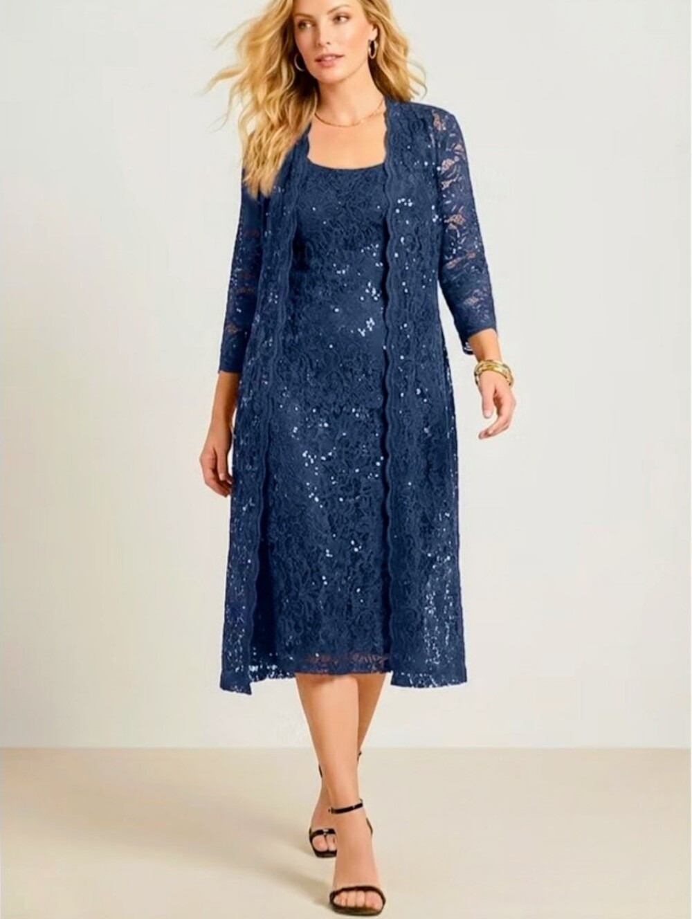ROAMANS 3/4 Sleeve Formal Duster Sequin Embellished Lace Dress Set Navy 26/28
